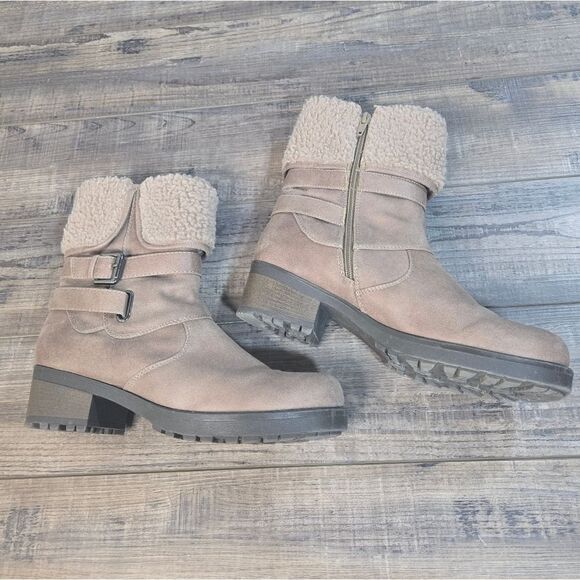 White Mountain Tan/brown/Cream Boots  Faux Fur Top Heel Zip Side Winter Style 10 - Picture 2 of 8